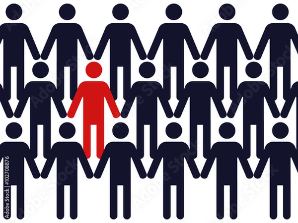 Fototapeta one red colored symbol of a man in a crowd of identic blue figures