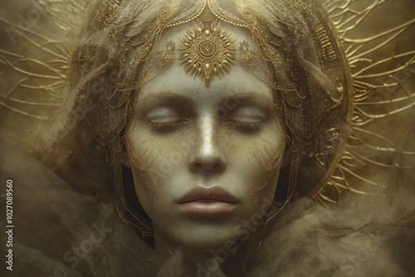 Fototapeta people of ai // angelic face of otherworldly being with golden skin adorned in intricate patterns, oracle of the sacred, photorealistic