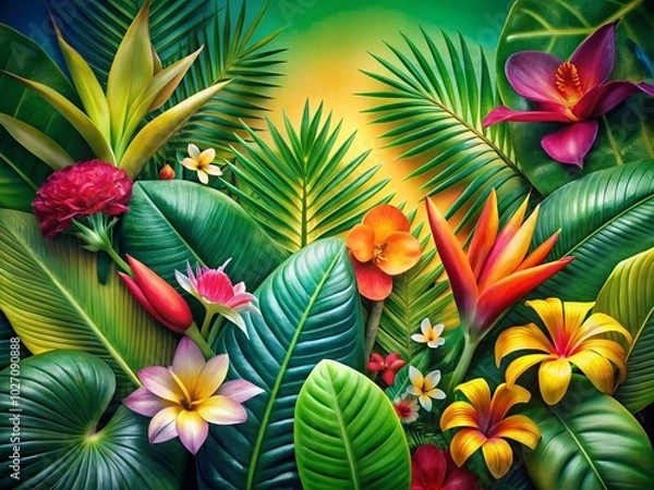 Fototapeta Vibrant Tropical Leaves and Flowers Framing a Colorful Gradient Background for Nature Lovers