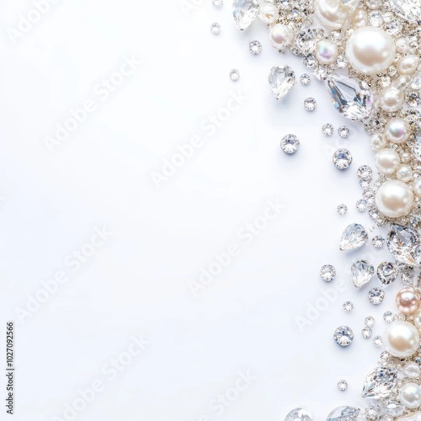Fototapeta flat-lay of white background with sparkling pearls and diamons