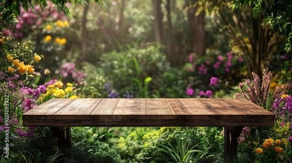 Fototapeta Tranquil Garden Setting with Wooden Table