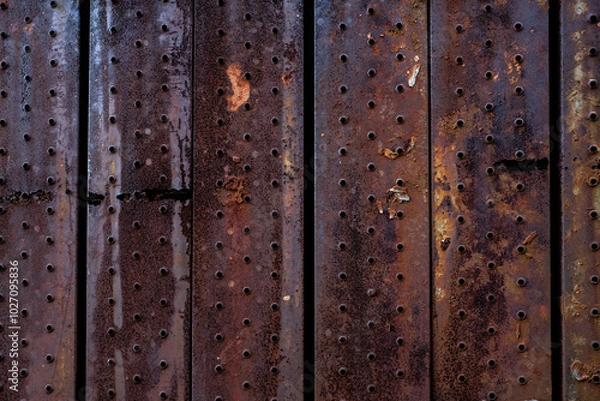 Obraz Wall of rusted perforated board.