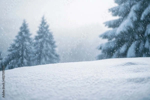 Fototapeta Captivating winter landscape with snow falling on frosty trees