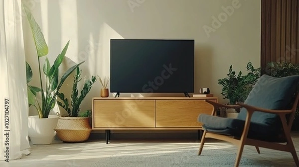 Fototapeta Living room interior with chair and TV set on drawer, Mockup screen, Generative Ai