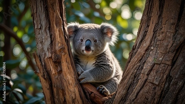 Obraz a cuddly koala perched on a tree branch in a sunlit forest. Its soft, gray fur is bathed in warm light, and its large, round eyes gaze out at the world with a sense of curiosity.