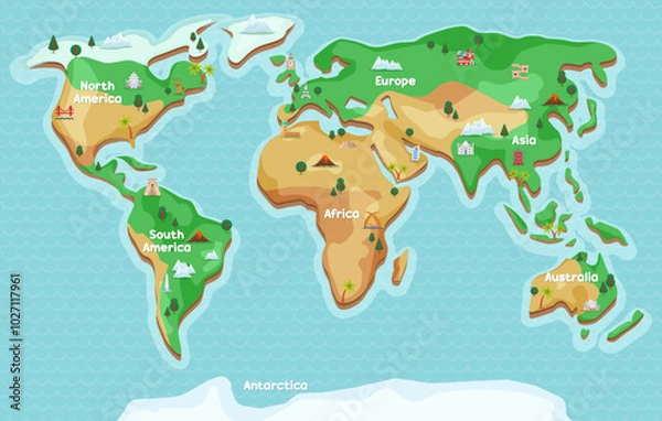 Obraz world map cartoon landmark vector editable