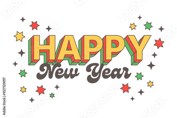 Obraz Happy new year text 3d retro cartoon design, winter holidays vintage typography isolated vector 