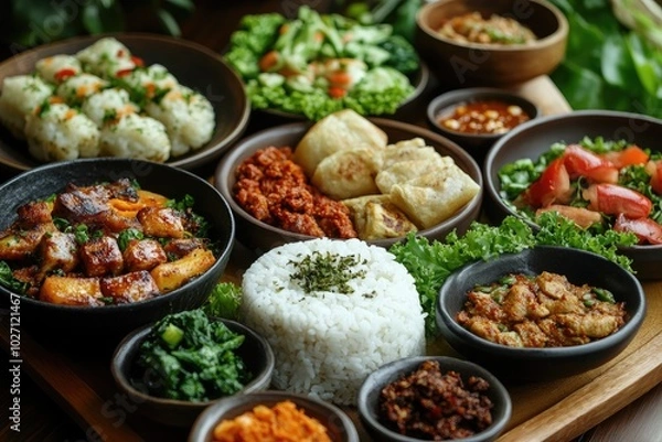 Fototapeta Assorted indian dishes served on rustic wooden table for dinner party