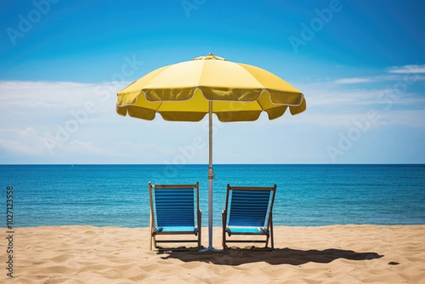 Fototapeta Serene Beach Vacation with Sunny Umbrella and Chairs