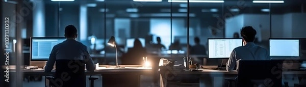 Fototapeta Corporate Employees Troubleshoot Power Outage in Minimalist Office With Flashlights
