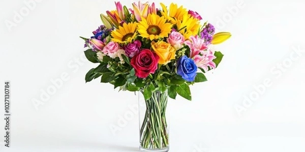 Fototapeta A colorful mixed flower bouquet featuring sunflowers, roses, and lilies in a tall vase, set on a white background