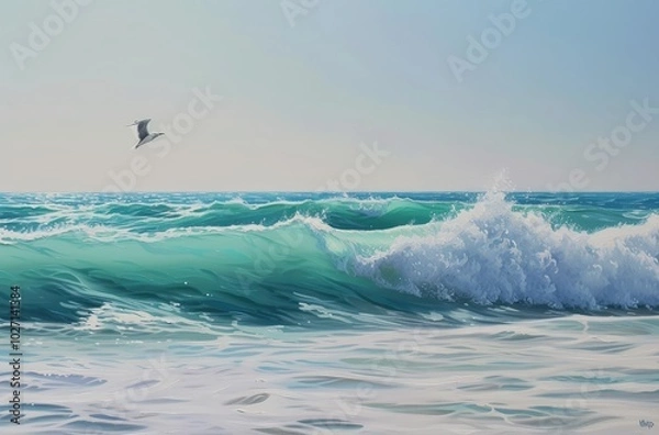Fototapeta Tranquil Seagull Flight Over Crystalline Ocean Waves