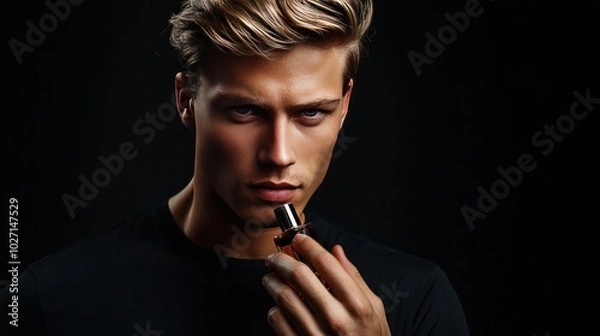 Obraz attractive young man using perfume against a dark background
