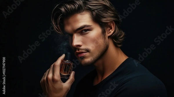 Obraz attractive young man using perfume against a dark background