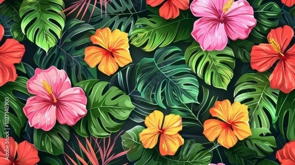 Fototapeta seamless pattern with hand-drawn compositions of tropical flowers