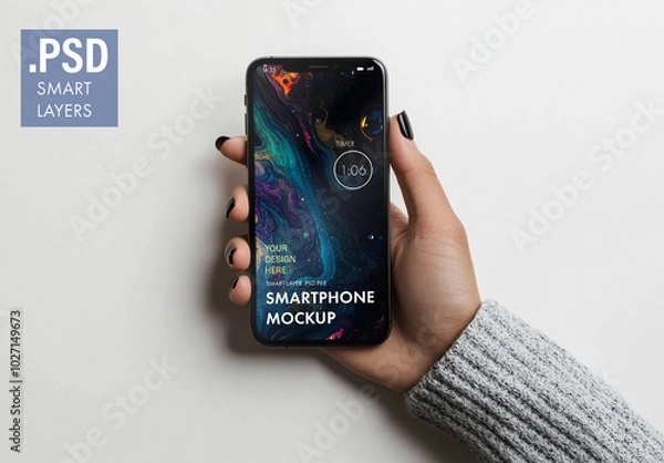 Fototapeta Woman hand holding mobile phone,  generative ai image