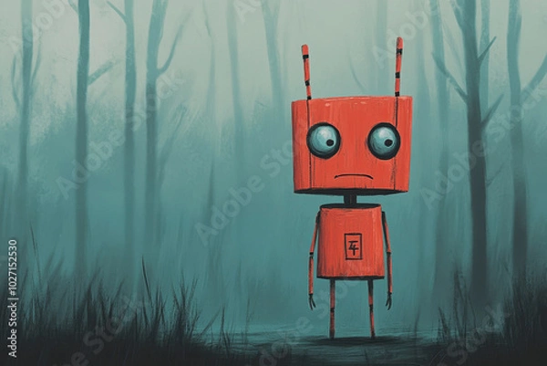 Fototapeta Lonely orange robot standing in misty forest, moody and surreal digital illustration