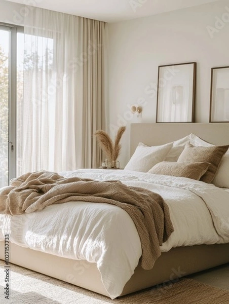 Obraz Minimalist bedroom with a white bed and tan throw.