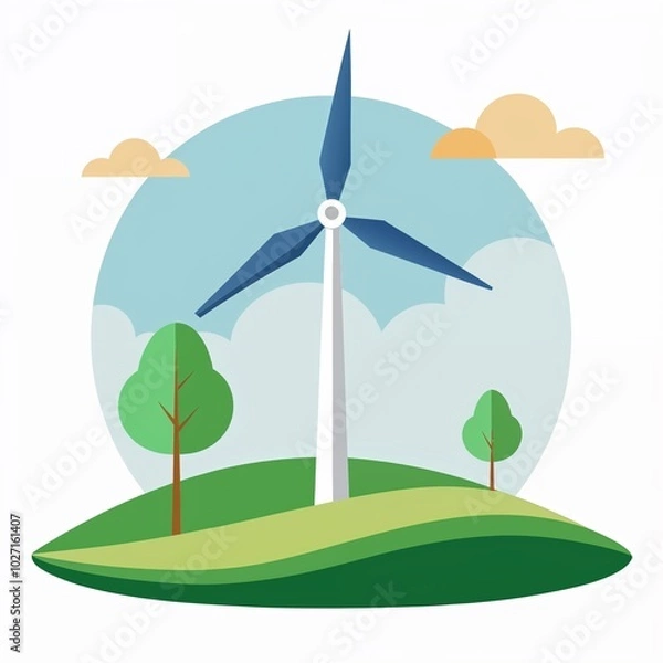 Fototapeta Colorful wind turbine illustration set against a vibrant landscape with trees and clouds