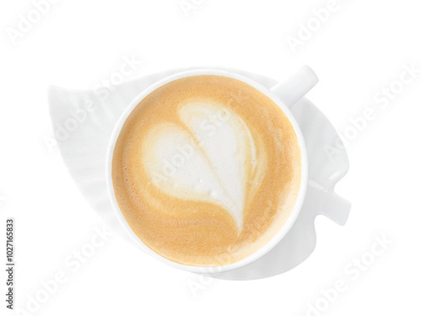 Fototapeta Cappuccino, latte, coffee with milk in a white glass mug. The drawing on the coffee foam. View from above. On a white background. Isolated. Space for text. Copy space