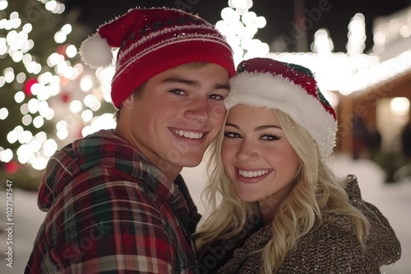 Fototapeta A young couple smiles brightly at the camera, standing in front of a backdrop of twinkling Christmas lights.