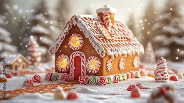 Fototapeta A gingerbread house with candy decorations and a candy tree in front of it