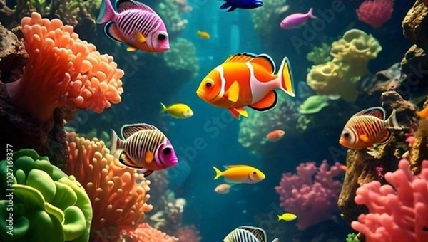 Fototapeta Underwater world with corals and tropical fish wallpaper background high quality image 4k hd 16:9 YouTube thumbnail 