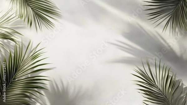 Fototapeta Palm leaves cast shadows on a white background, creating a tropical, minimal frame.