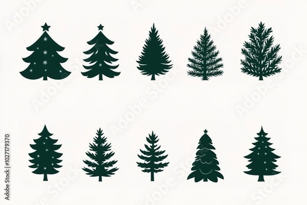 Obraz A set of vector icons in dark green, each depicting an illustration of a Christmas tree. The design is simple and minimalistic with clean lines on a white background