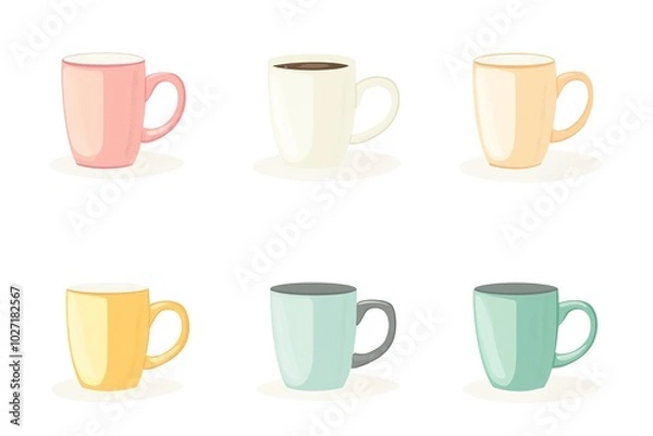 Fototapeta Cute coffee mugs, a simple flat vector illustration set with colorful patterns and designs on a white background