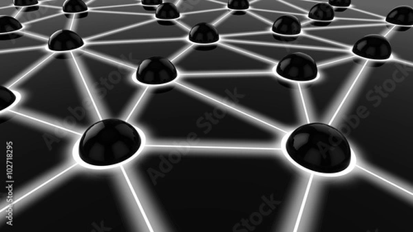 Fototapeta Black spheres connected with white glowing lines network concept