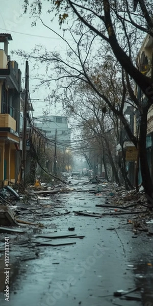 Fototapeta hurricane effect and after the devastated effect on street with falling trees and broken house