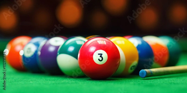 Obraz Billiard balls in a green pool table