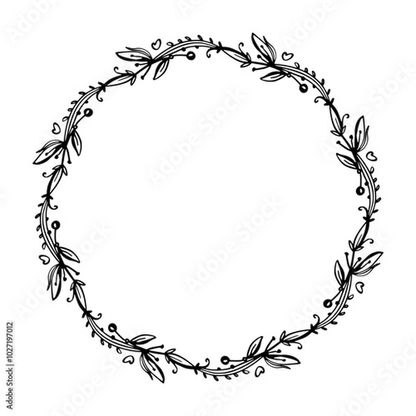 Obraz Boho simple wreath - black doodle leaves.