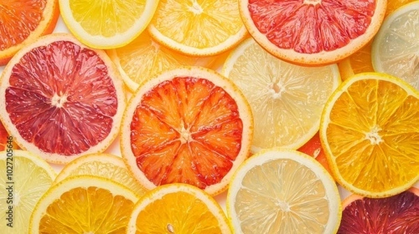 Obraz Top View of Vibrant Citrus Fruit Slices in Overlapping Layout, Oranges, Lemons, and Grapefruits in Bright and Colorful Close-Up