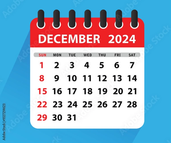 Fototapeta December 2024 Calendar Leaf. Calendar 2024 in flat style. December 2024 Calendar. Week starts on Sunday. Blank Calendar Template. Stationery Design. Vector Illustration