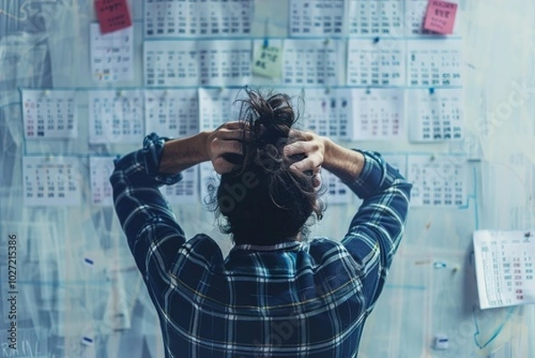 Fototapeta A person standing in front of a large calendar marked with numerous payment due dates, holding their head in stress.