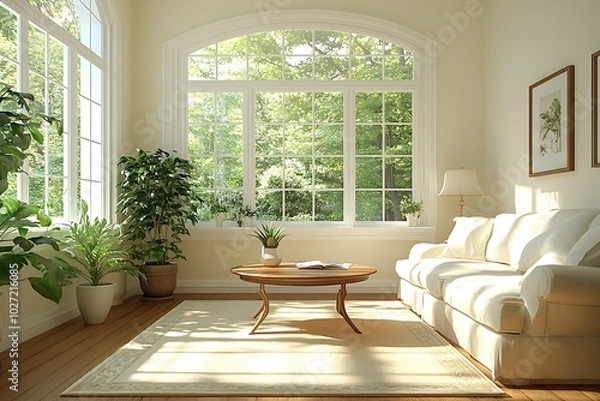 Fototapeta Bright living room with plants and large windows.
