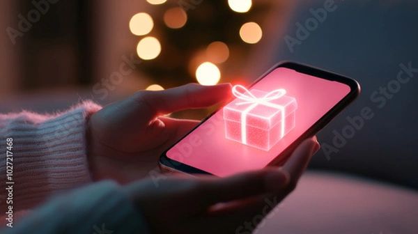 Obraz A person holds a phone displaying a glowing gift box graphic, symbolizing digital gifting during the festive season.