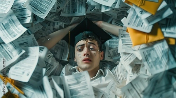 Fototapeta A person surrounded by piles of unpaid student loan bills, looking defeated.