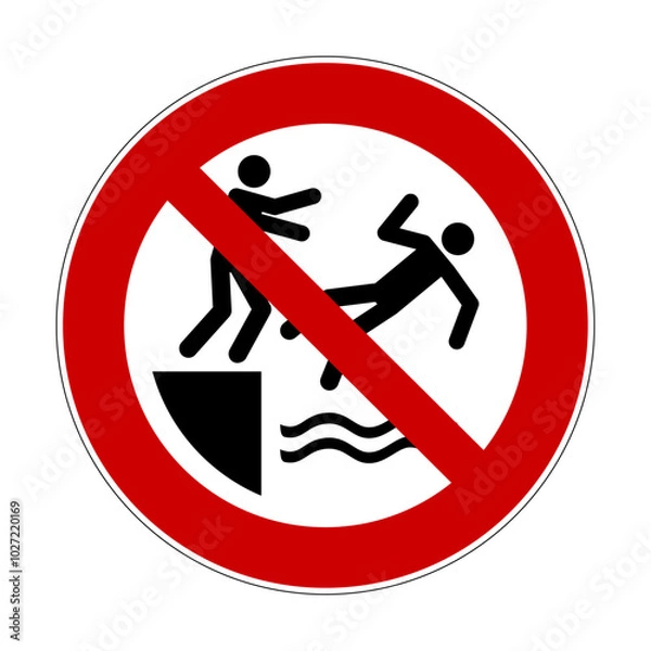 Fototapeta No pushing into water safety sign. Vector illustration of red crossed out circle sign with man  pushing the other man. Prohibition symbol isolated on white background.