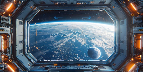 Fototapeta The view of the Earth from inside an empty space station with large windows, a planet in the background, a window showing the Earth, and futuristic technology elements on both sides of it.
