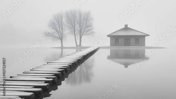 Fototapeta A house is on a small island in the middle of a lake