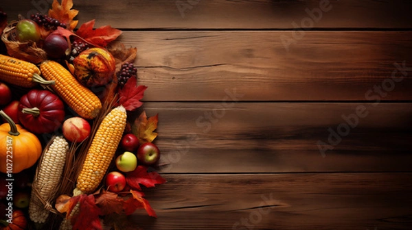 Obraz Thanksgiving Harvest Background: A vibrant, fall-inspired background featuring a cornucopia overflowing with pumpkins, corn, apples, and gourds against a backdrop of rustic wooden textures and golden