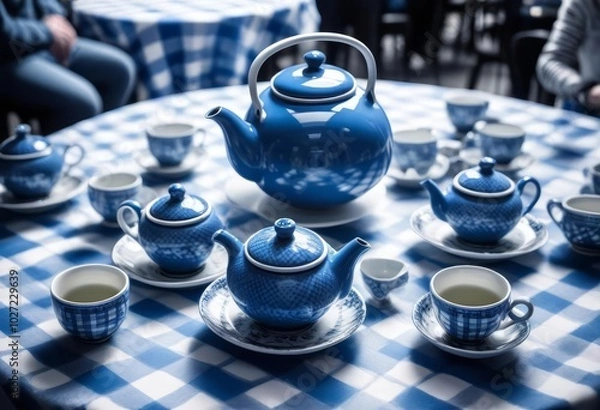 Obraz A cartoon-style illustration of a blue teapot and cups on a table with a checkered tablecloth