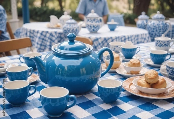 Obraz A cartoon-style illustration of a blue teapot and cups on a table with a checkered tablecloth