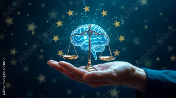 Obraz AI brain with balance scales and EU stars representing justice and EU AI Act