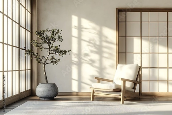 Fototapeta Minimalist interior with a chair and a potted plant.