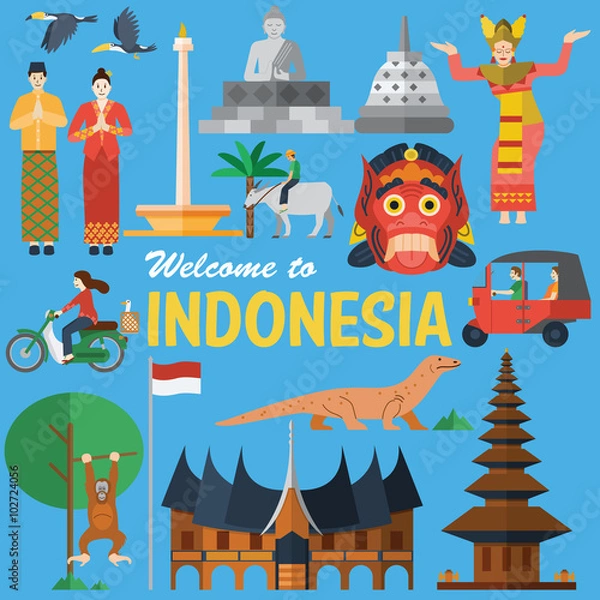 Obraz Płaska design, ilustracja ikon Indonezji i punktów orientacyjnych