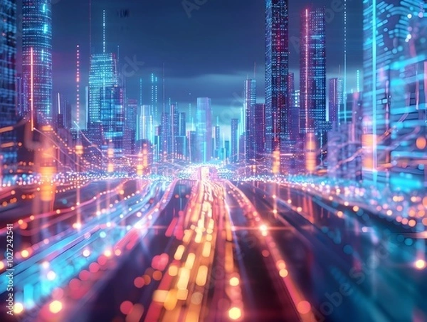 Fototapeta Futuristic Digital Cityscape Symbolizing Quantum Computing into Urban Infrastructure